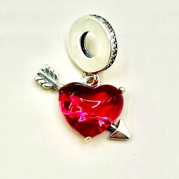 Red Heart & Love Arrow Sterling Silver S925 and Murano Glass Dangle Charm - Picture 2 of 6
